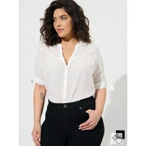 New Torrid Button Front Top 3X White Windowpane Tie Sleeve Sheer Blouse 40200826